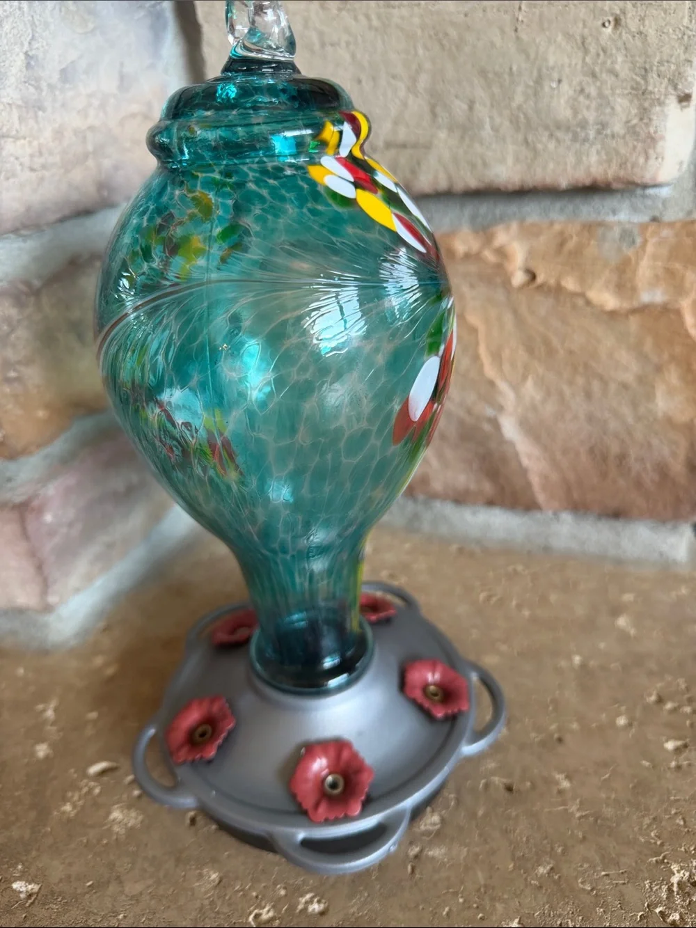 Hand-Blown Teal Glass Hummingbird Feeder with Multicolor Swirl